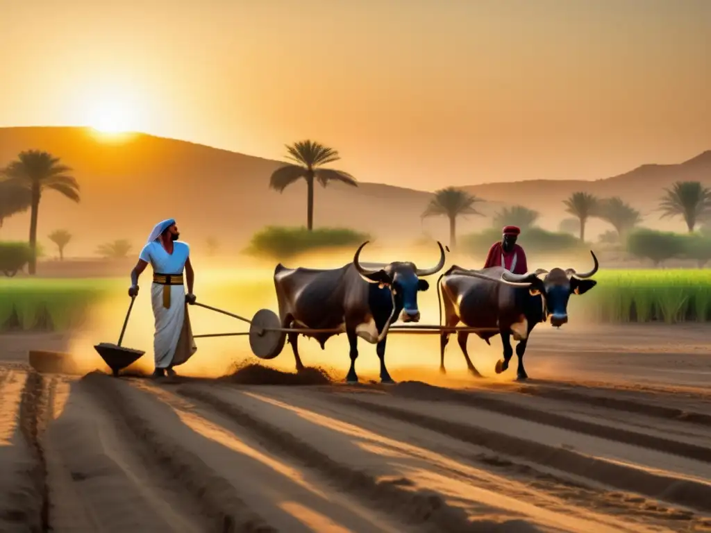 Un antiguo agricultor egipcio ara la fértil tierra del valle del Nilo al amanecer