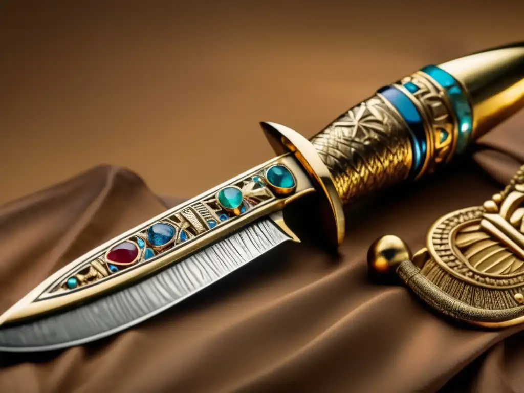 Un antiguo armamento ceremonial de Egipto, una daga decorada con gemas y grabados, sostenida por una mano enguantada de oro