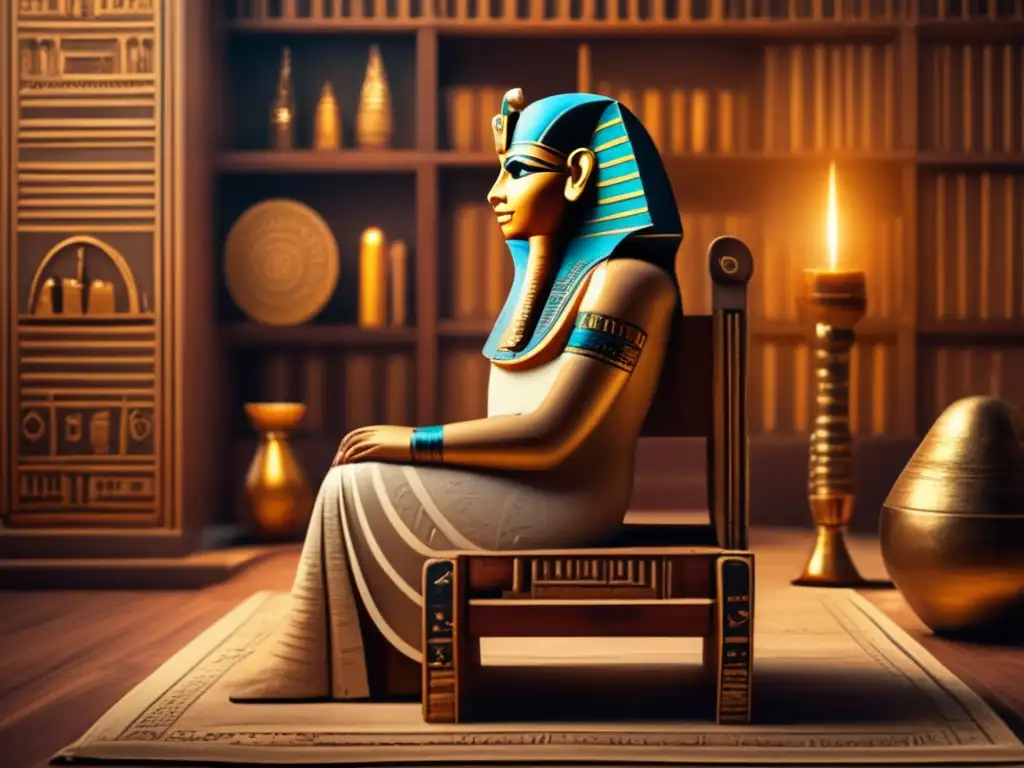 Un antiguo astrólogo egipcio en una habitación misteriosa, rodeado de símbolos y cálculos celestiales