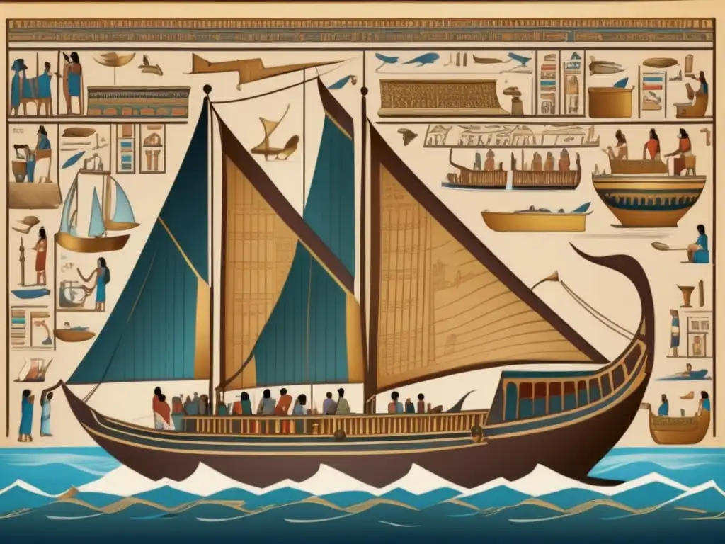 Un antiguo barco de carga egipcio navega por el río Nilo, adornado con intrincados jeroglíficos