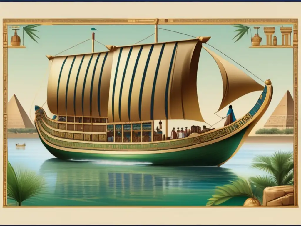 Un antiguo barco comercial egipcio navega por el Nilo, rodeado de jeroglíficos que representan el comercio