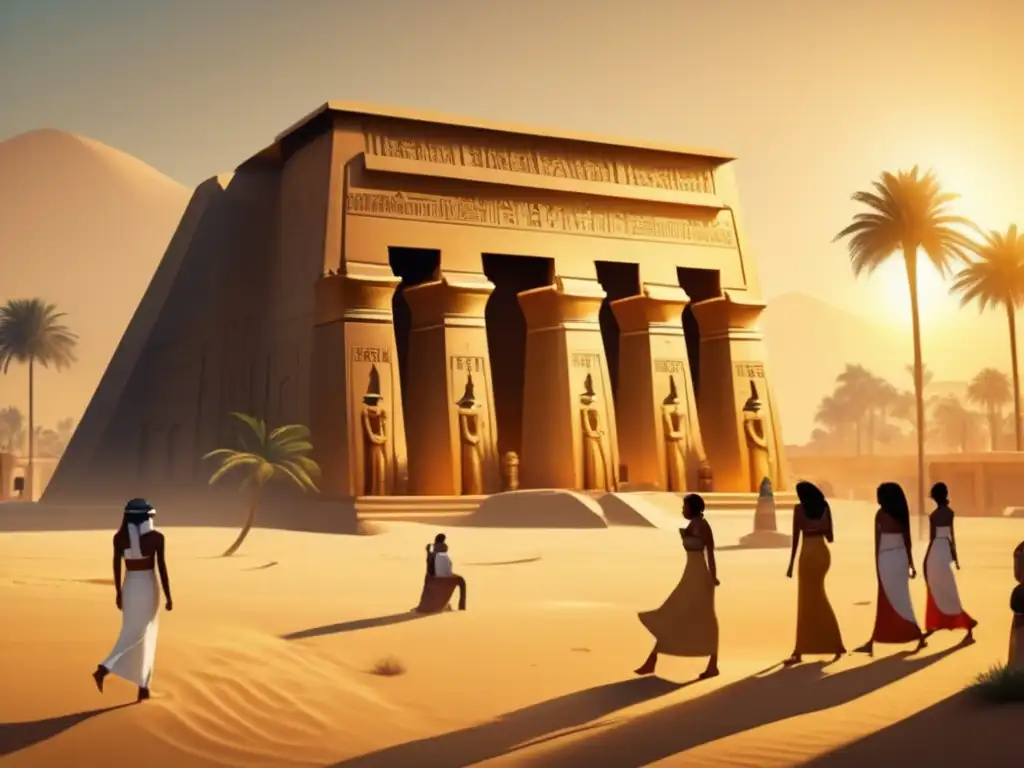 Un antiguo complejo de templos egipcios, bañado en cálida luz dorada, muestra la grandeza de la arquitectura egipcia