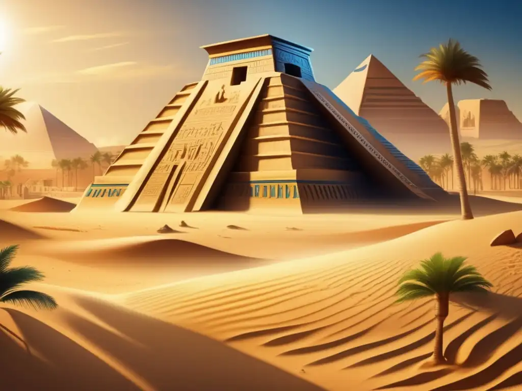 Un antiguo complejo de templos egipcios, bañado por la cálida luz dorada del sol, se yergue orgulloso ante el fondo de un cielo azul profundo