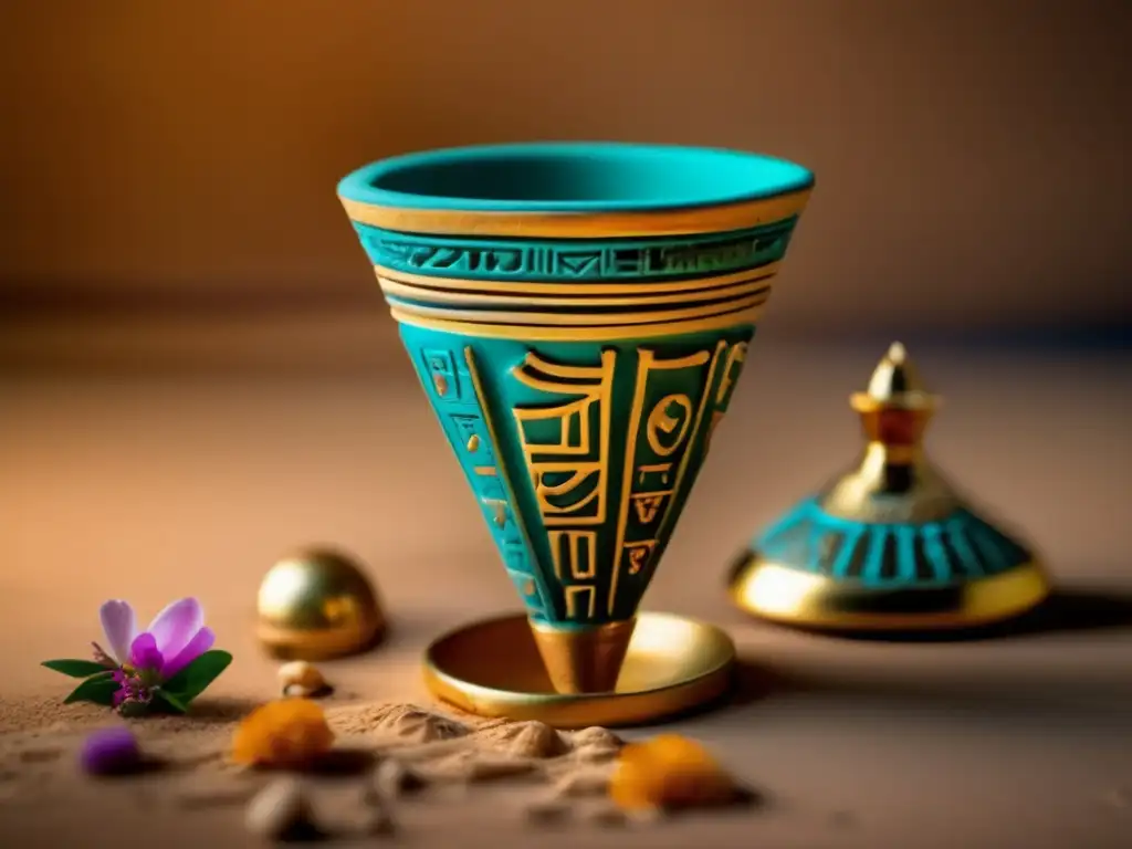 Un antiguo cono de aroma egipcio de arcilla adornado con jeroglíficos y símbolos egipcios