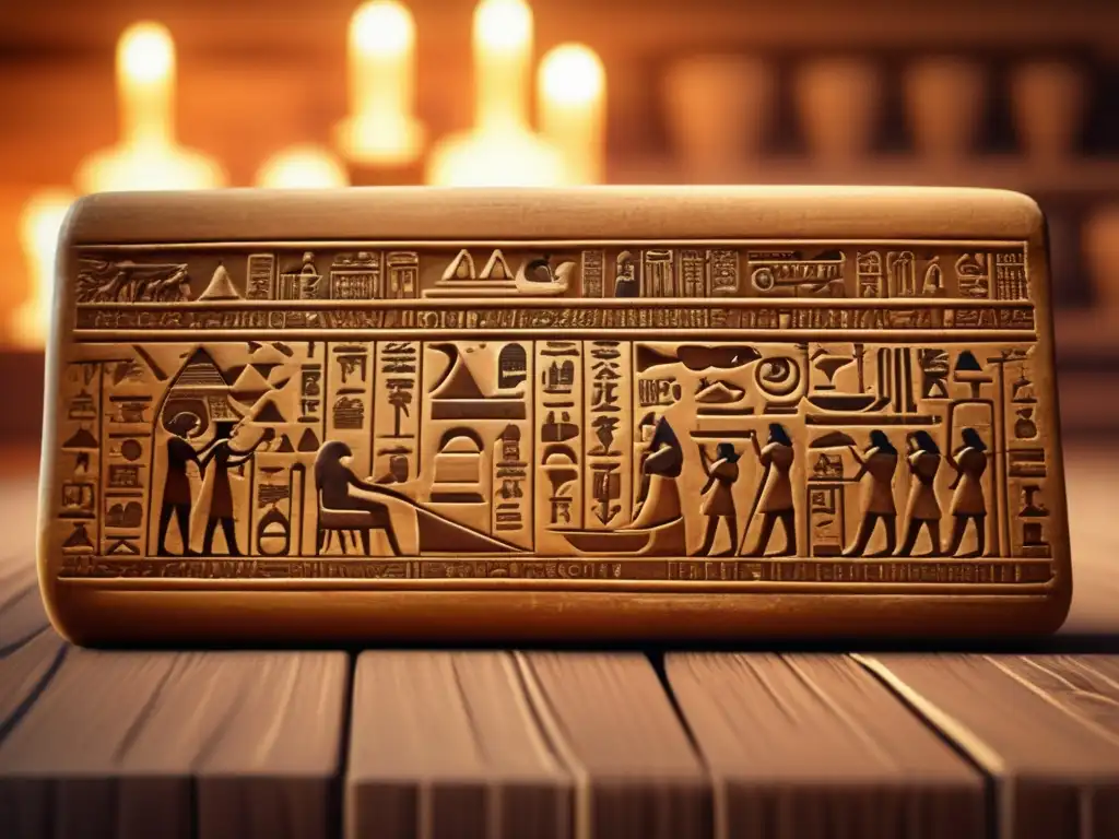 Un antiguo y bien conservado panel jeroglífico egipcio reposa sobre una mesa de madera, adornado con intricadas figuras y símbolos