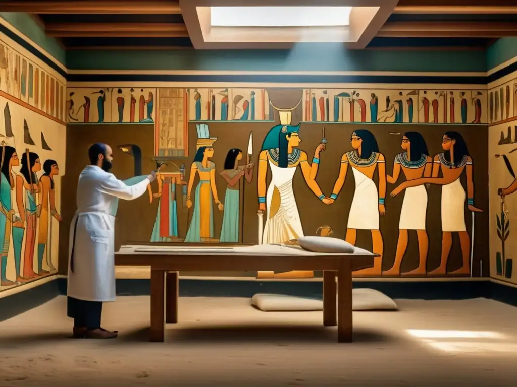 Restauración ética del antiguo Egipto: Conservadores aplican minuciosos trazos en mural, revelando colores y detalles vibrantes