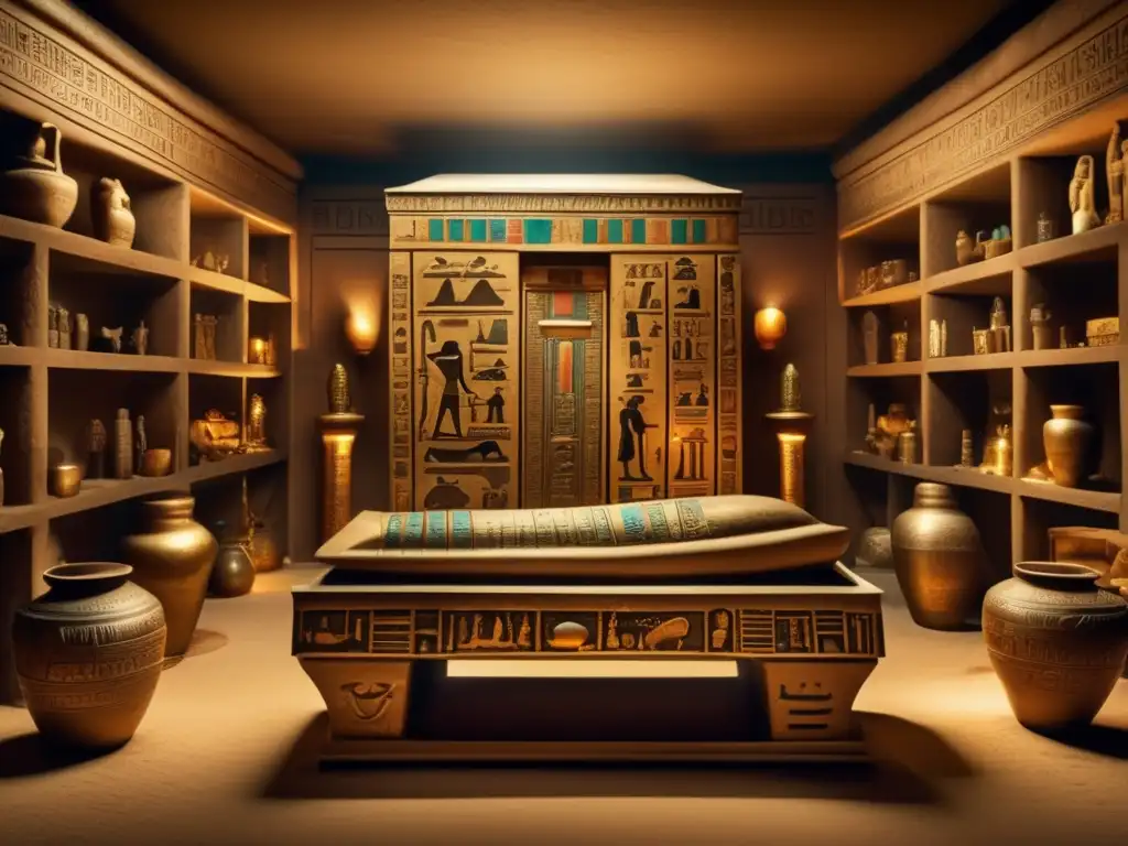Un antiguo y elaboradamente decorado túmulo egipcio lleno de artefactos y pertenencias personales