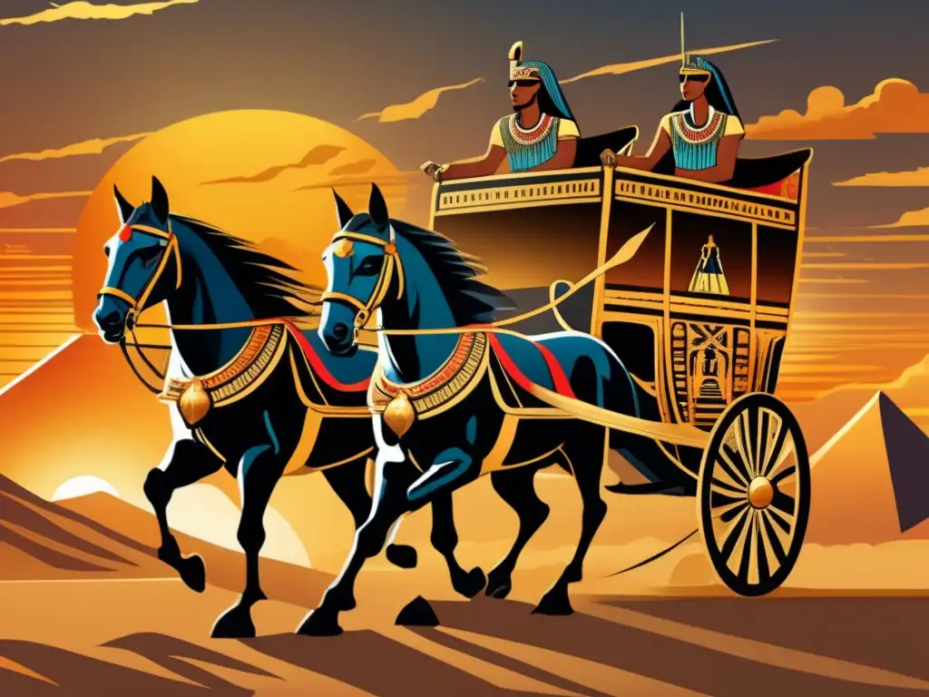 Un antiguo y detallado dibujo vintage de un carro egipcio antiguo, adornado con llamas y tallados intricados