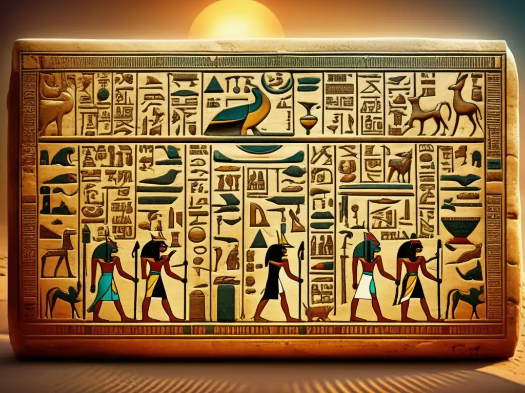 Un antiguo y detallado tablet egipcio cubierto de intrincados jeroglíficos, con colores desvanecidos y una textura vintage