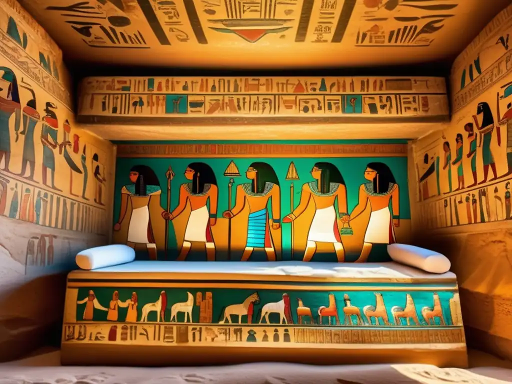 Un antiguo y detallado túmulo egipcio lleno de jeroglíficos intrincados y momias preservadas