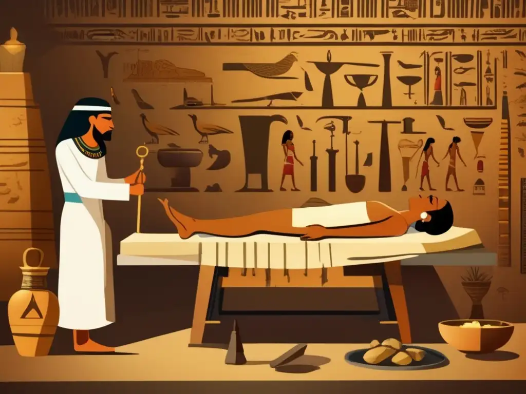 Un antiguo doctor egipcio realiza un examen post mortem en una habitación de piedra con jeroglíficos
