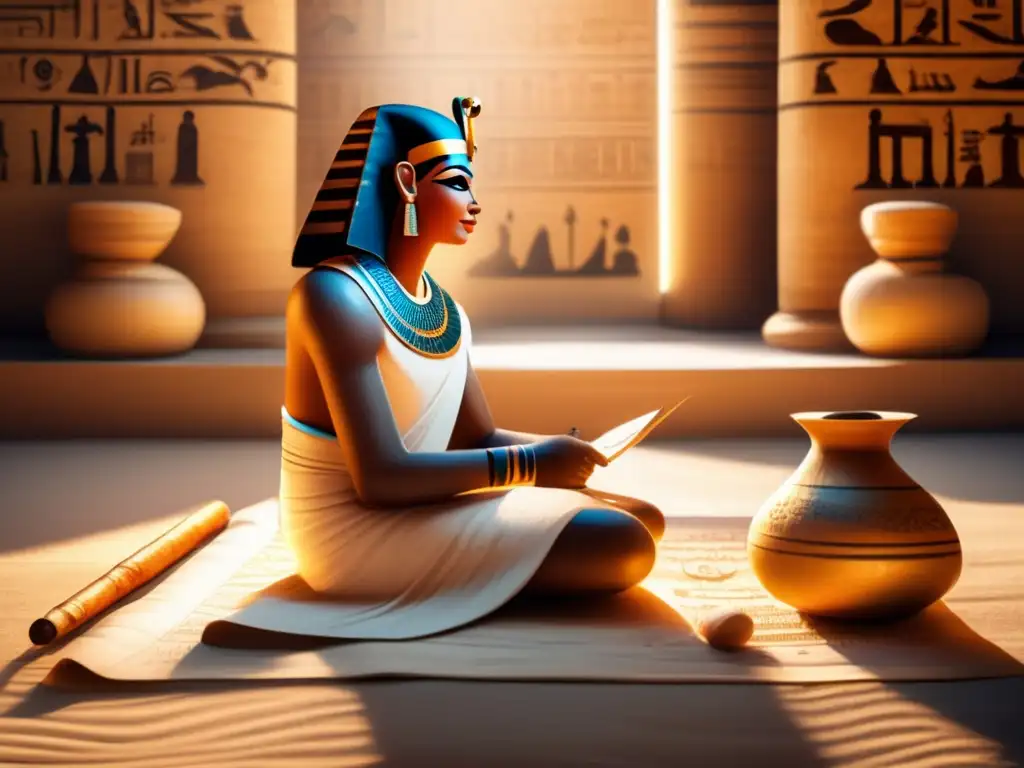 Un antiguo escriba egipcio en un ambiente vintage rodeado de rollos de papiro y herramientas de escritura