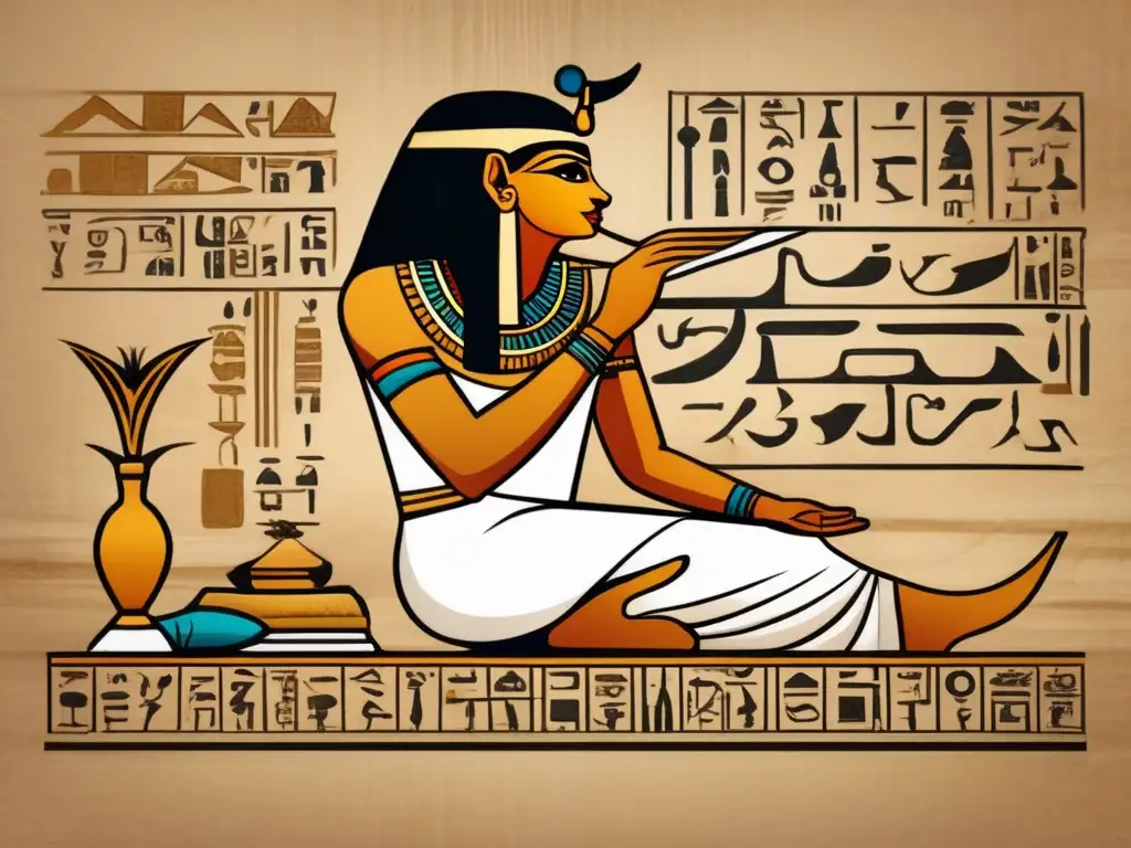 Un antiguo escriba egipcio, ataviado con vestimenta blanca y un tocado adornado, inscribe meticulosamente jeroglíficos en un papiro