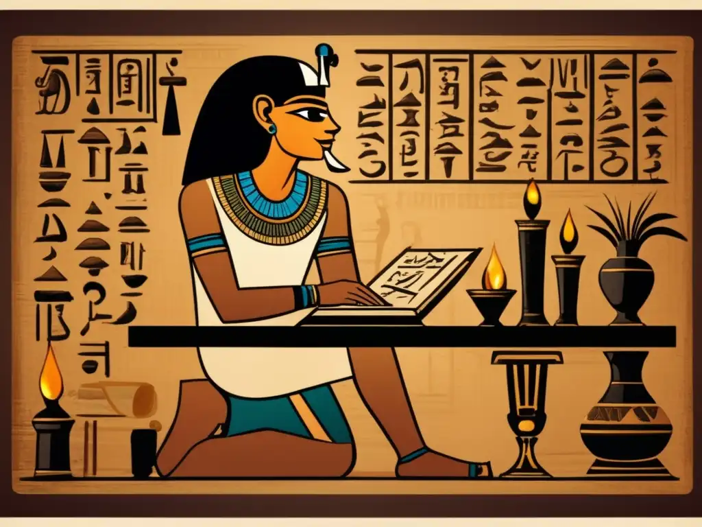 Un antiguo escriba egipcio concentradamente escribe jeroglíficos en papiro, rodeado de pergaminos y tinteros