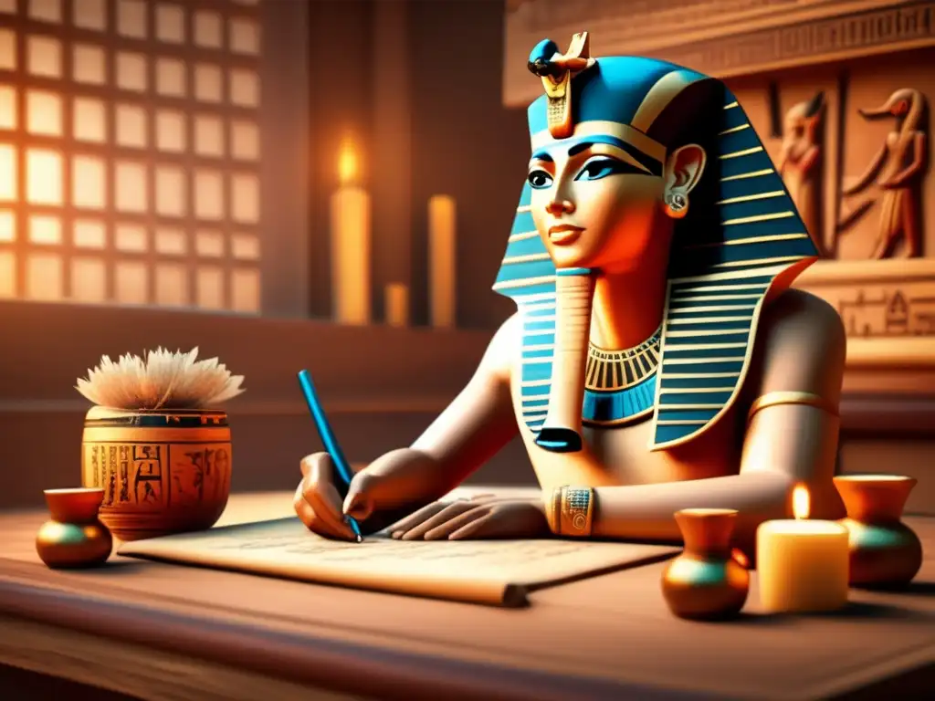 Un antiguo escriba egipcio concentrado en la documentación de tradiciones orales de Egipto, rodeado de pergaminos y utensilios de escritura