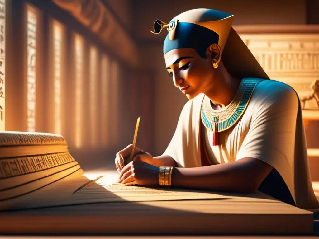 Un antiguo escriba egipcio, concentrado en su labor, inscribe jeroglíficos en papiros