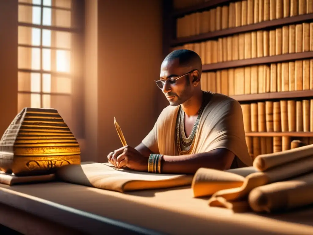 Un antiguo escriba egipcio concentrado en su tarea, rodeado de rollos de papiro