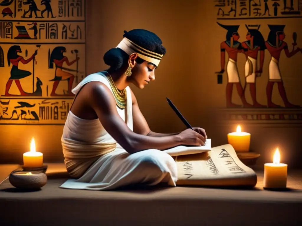 Un antiguo escriba egipcio, concentrado en su tarea, transmite el poder de la escritura en la magia egipcia