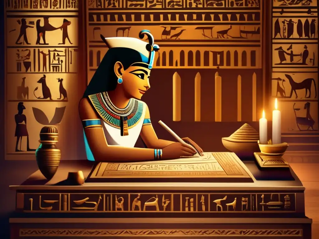 Un antiguo escriba egipcio en un cuarto tenue, escribiendo con delicadeza jeroglíficos en un pergamino