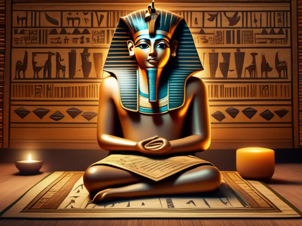 Un antiguo escriba egipcio, en un cuarto tenue, utiliza materiales de escritura egipcia para inscribir jeroglíficos en papiro