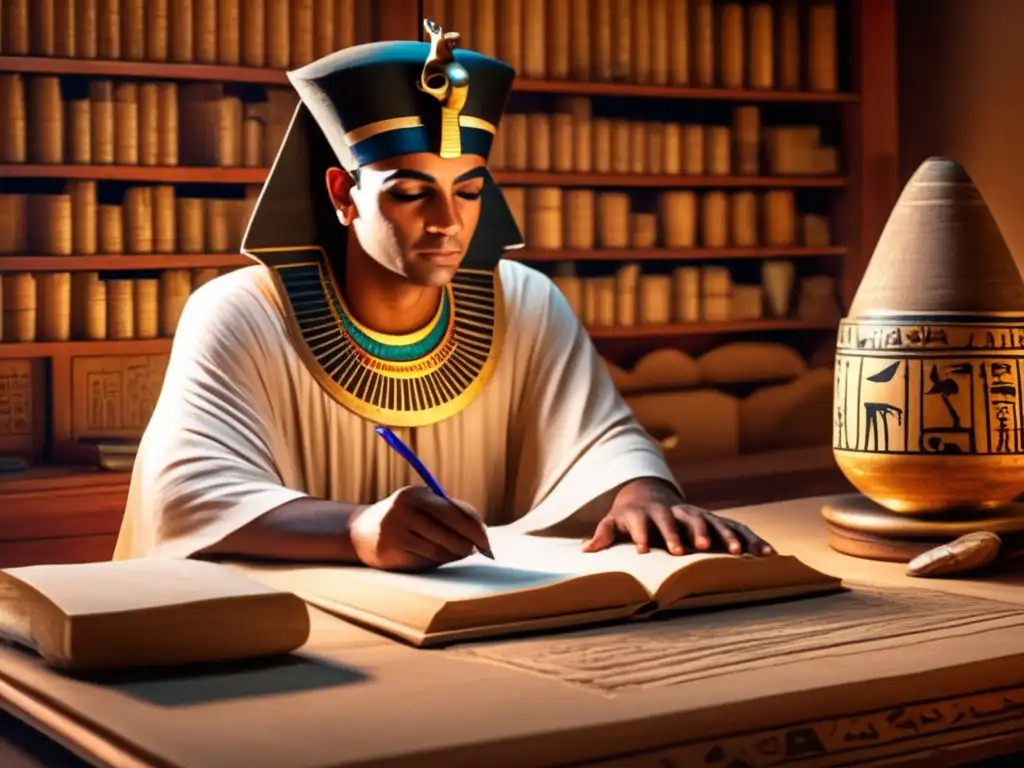 Un antiguo escriba egipcio en su despacho, concentrado en su trabajo, transcribiendo jeroglíficos con precisión