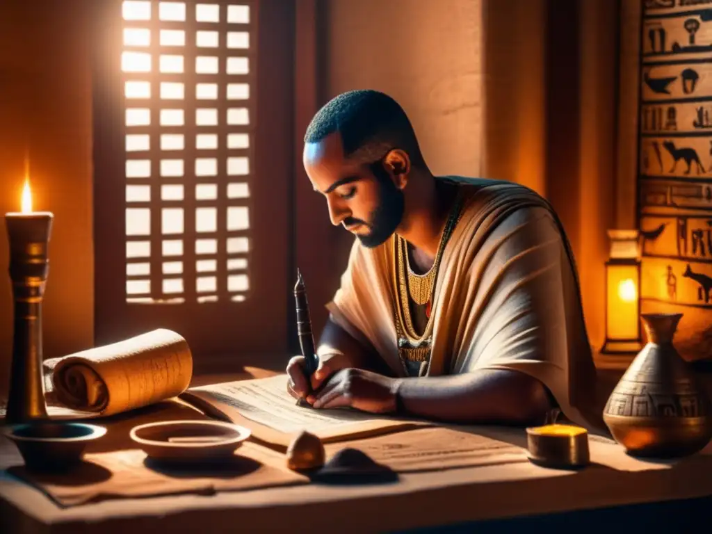 Un antiguo escriba egipcio trabaja diligentemente en un despacho iluminado, rodeado de pergaminos y herramientas de escritura