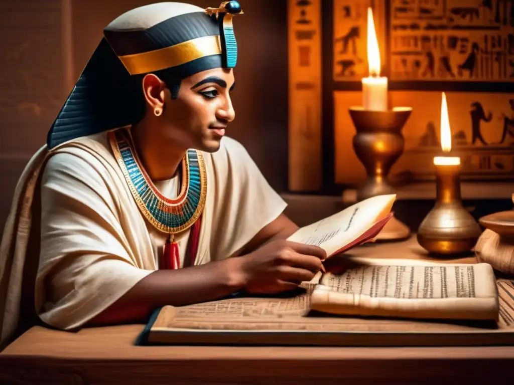 Un antiguo escriba egipcio en su despacho, iluminado por una lámpara de aceite