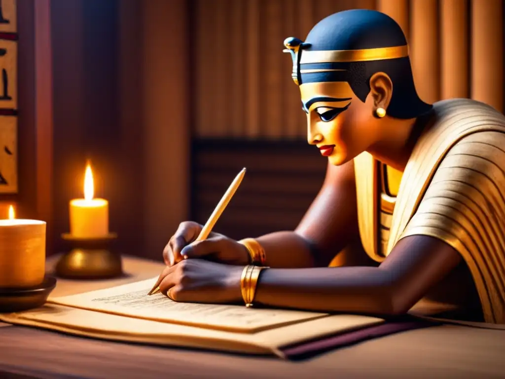 Un antiguo escriba egipcio, enfocado en escribir jeroglíficos en papiro con pluma de caña