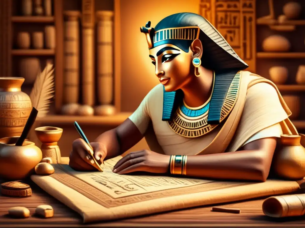 Un antiguo escriba egipcio en su escritorio de madera, rodeado de papiros y herramientas de trabajo
