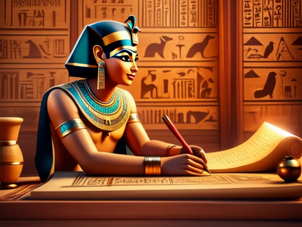 Un antiguo escriba egipcio en su escritorio rodeado de pergaminos y herramientas de escritura
