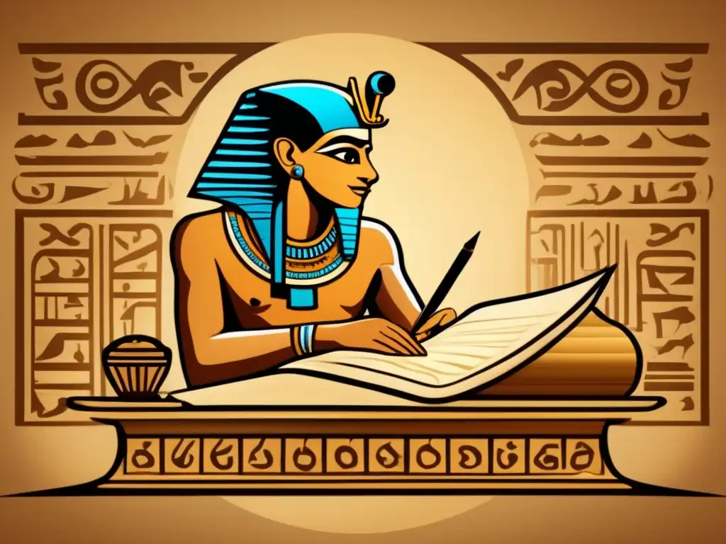 Un antiguo escriba egipcio en su estudio, rodeado de rollos y papiros