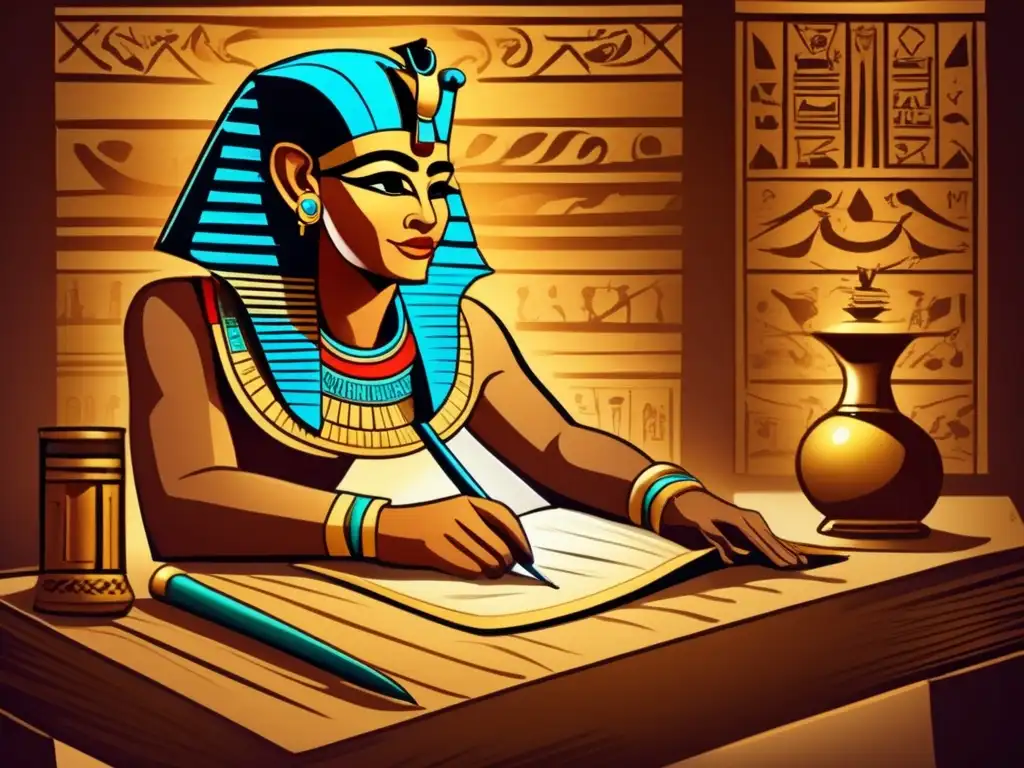 Un antiguo escriba egipcio se encuentra en una habitación llena de pergaminos y herramientas de escritura