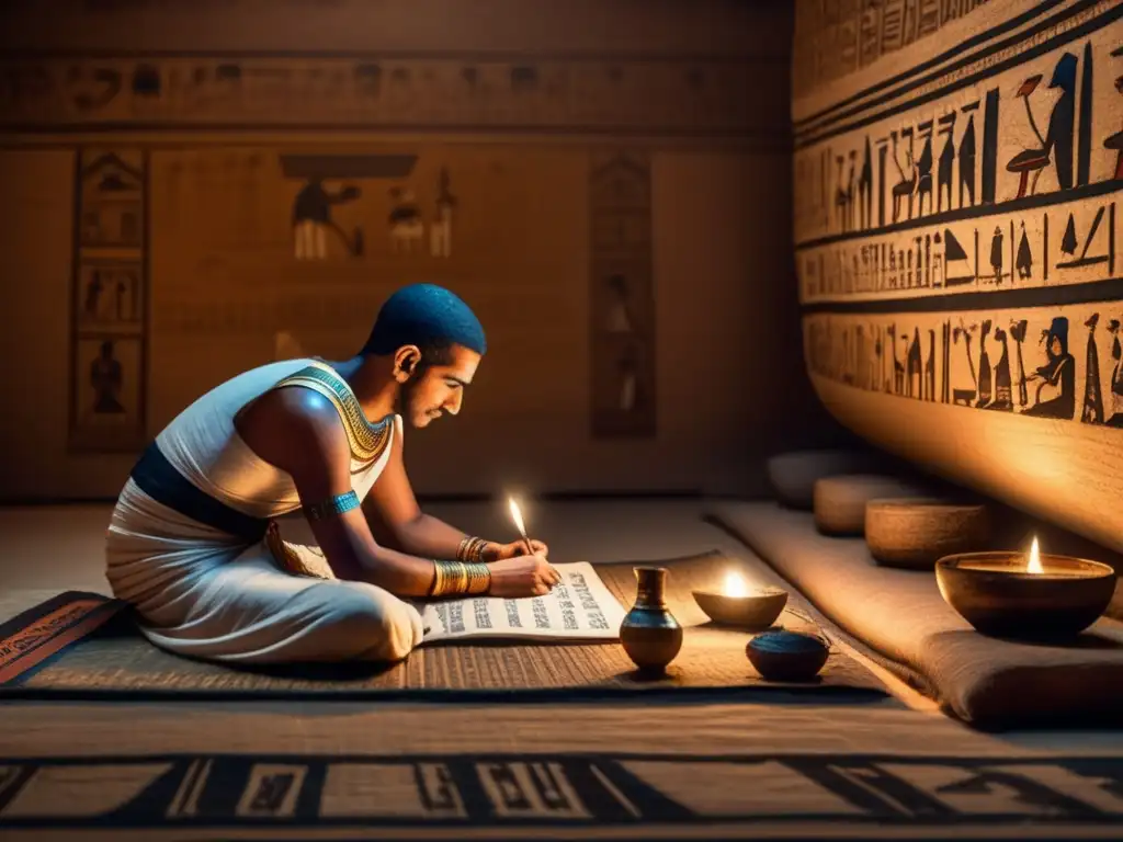 Un antiguo escriba egipcio, inmerso en su labor, documenta con precisión las tradiciones orales de Egipto en papiros