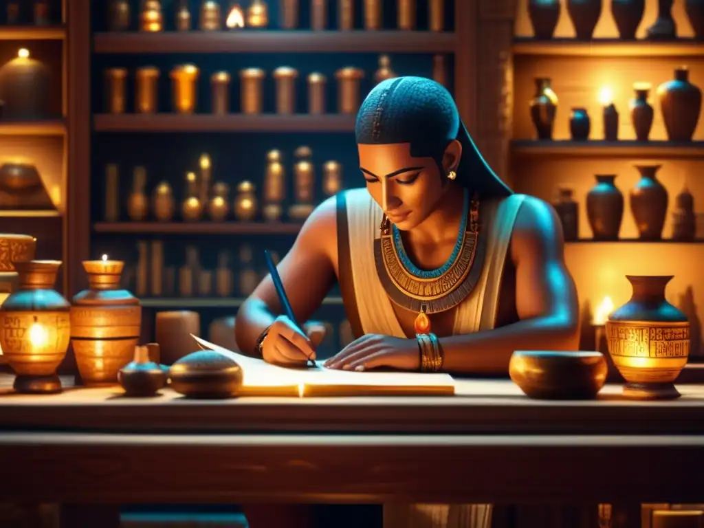Un antiguo escriba egipcio meticulosamente registra inventarios en un pergamino, rodeado de objetos preciosos y una atmósfera cálida y serena