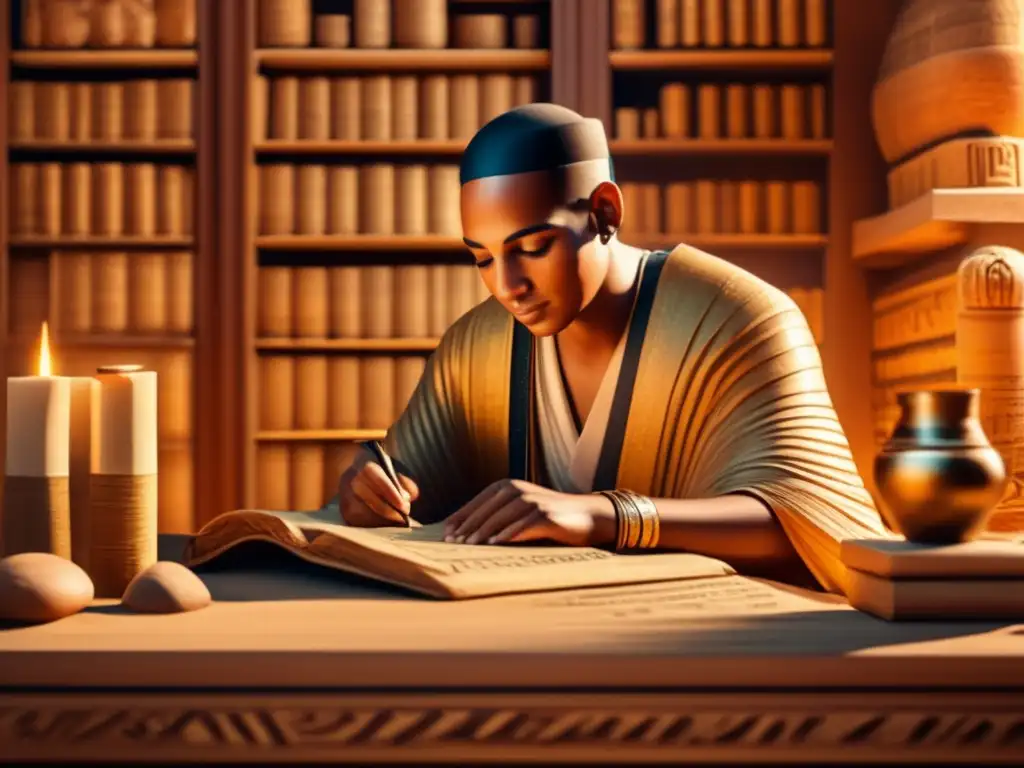 Un antiguo escriba egipcio descifra jeroglíficos en una habitación llena de historia y misterio