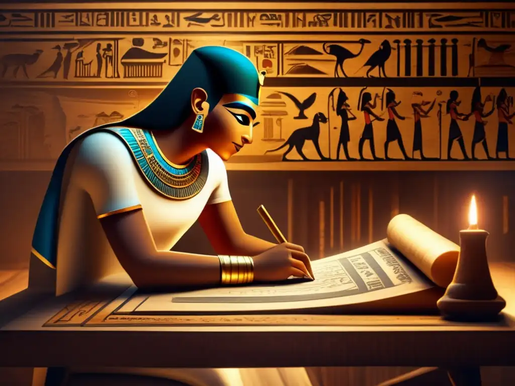 Un antiguo escriba egipcio descifrando jeroglíficos en una habitación iluminada tenue, rodeado de artefactos egipcios