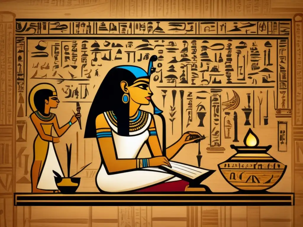 Un antiguo escriba egipcio inscribe meticulosamente jeroglíficos en un papiro, resaltando las técnicas de inscripción egipcias con maestría