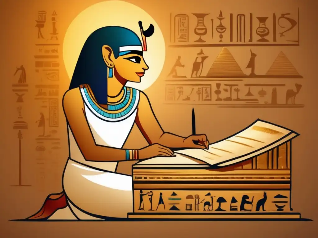 Un antiguo escriba egipcio meticulosamente inscribe jeroglíficos en un papiro