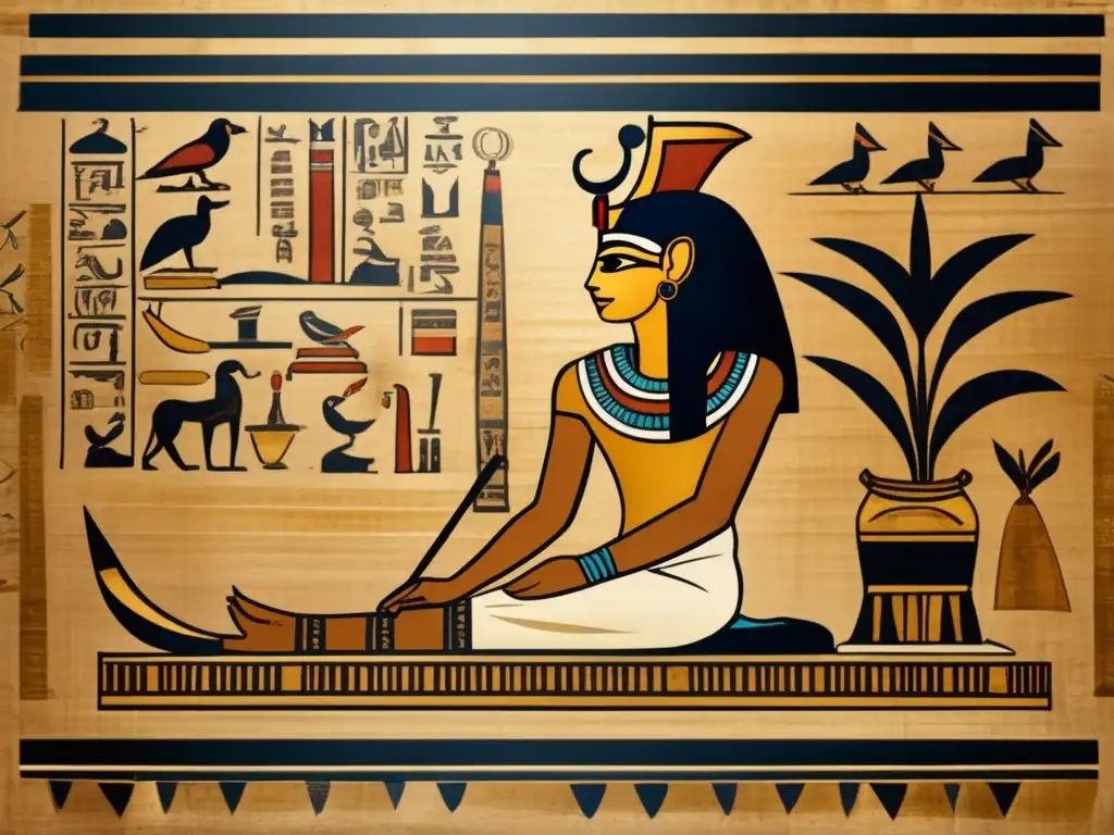 Un antiguo escriba egipcio caligrafiando jeroglíficos con precisión sobre un papiro, rodeado de un ambiente místico y lleno de historia