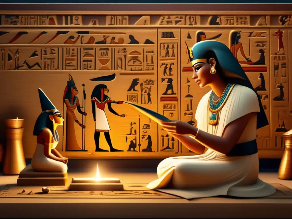 Un antiguo escriba egipcio inscribe meticulosamente jeroglíficos en un pergamino, en una habitación iluminada por una lámpara de aceite