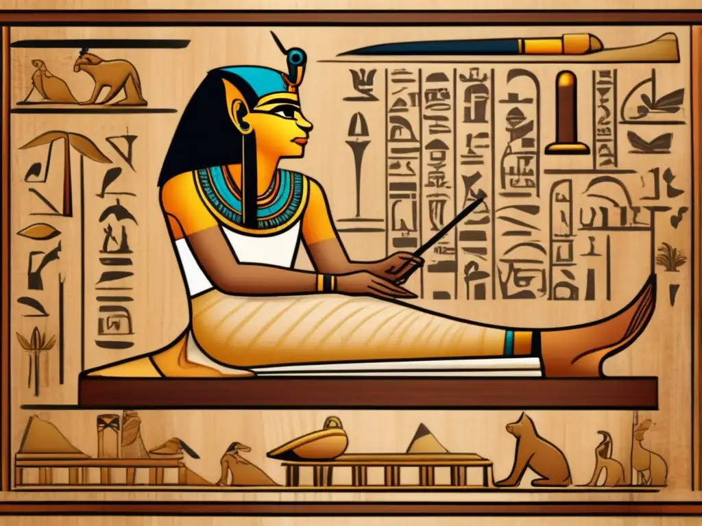 Un antiguo escriba egipcio inscribe jeroglíficos en un pergamino, destacando la esencia de los jeroglíficos egipcios y su origen y evolución