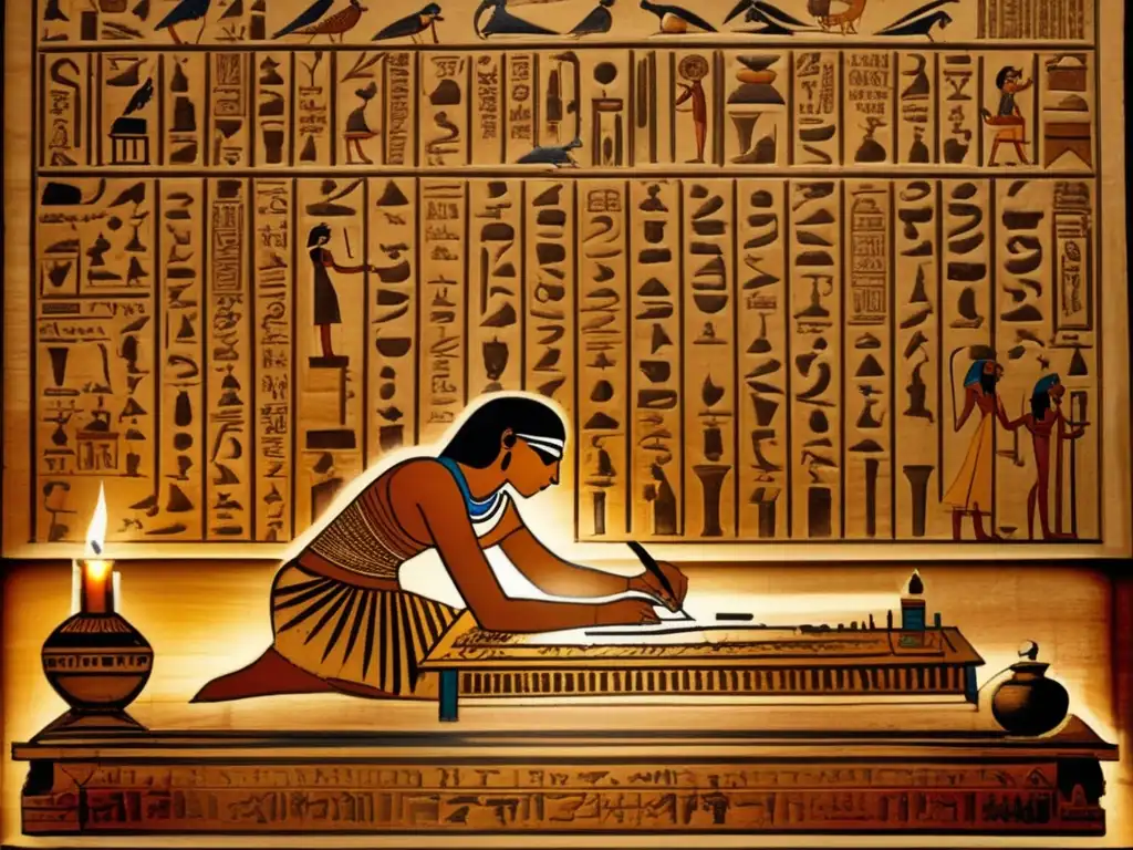 Un antiguo escriba egipcio inscribe meticulosamente jeroglíficos en un pergamino, rodeado de utensilios de escritura