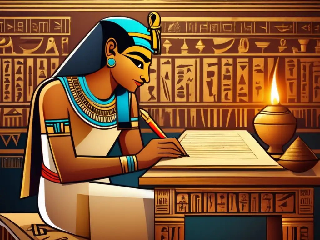 Un antiguo escriba egipcio se sienta en una mesa de madera, rodeado de papiros y jeroglíficos