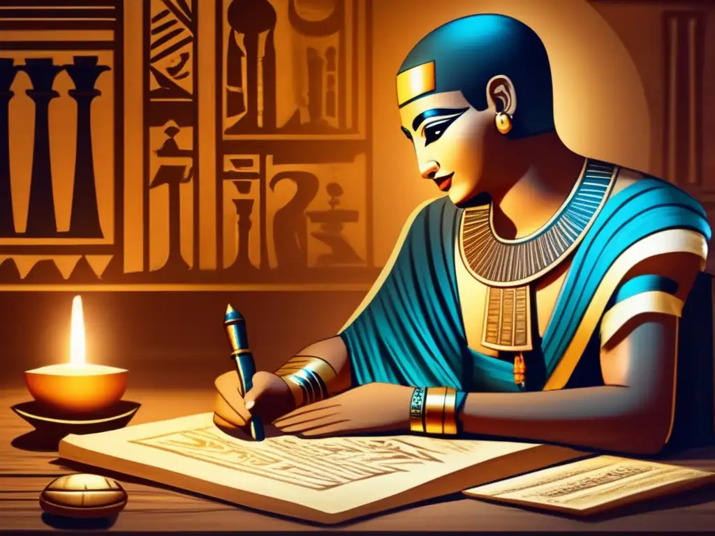 Un antiguo escriba egipcio trabaja con meticulosidad en su escritorio de madera, rodeado de rollos de papiro