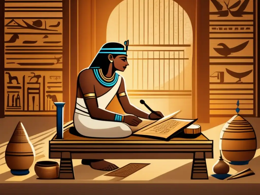 Un antiguo escriba egipcio, meticuloso y concentrado, inscribe jeroglíficos en un pergamino en su despacho iluminado por rayos de sol