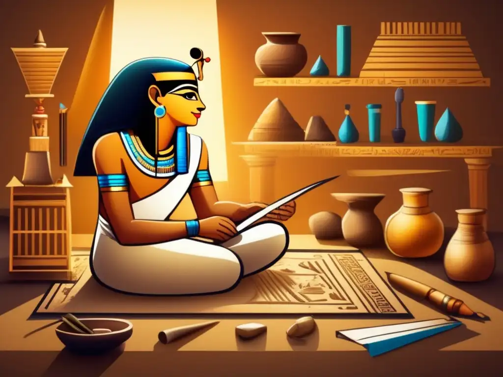 Un antiguo escriba egipcio desenrolla papiro rodeado de herramientas y artefactos