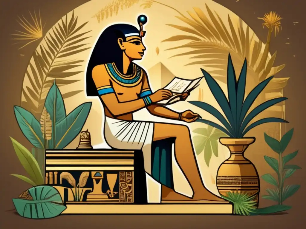 Un antiguo escriba egipcio documentando minuciosamente los papiros botánicos del Egipto faraónico en una cámara iluminada por rayos de sol