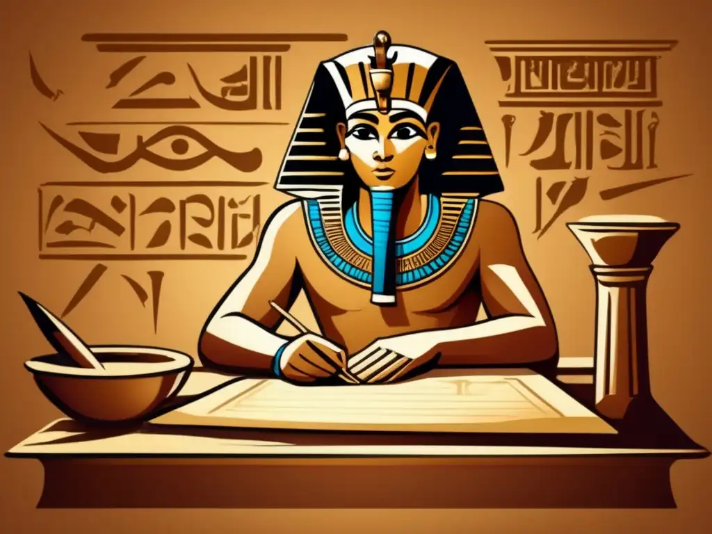 Un antiguo escriba egipcio en plena concentración, escribiendo jeroglíficos en papiro con una pluma de caña