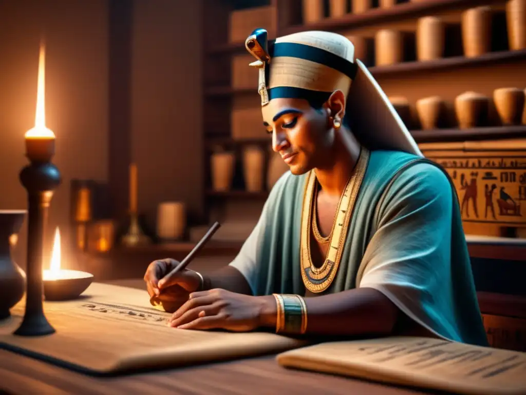 Un antiguo escriba egipcio registra meticulosamente la medición de la población y la riqueza en papiros iluminados por tenues lámparas de aceite