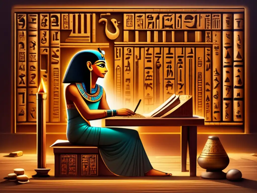 Un antiguo escriba egipcio resuelve problemas matemáticos en su escritorio, rodeado de pergaminos y herramientas
